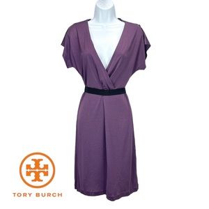 Tory Burch Womens XS 100% Silk Plum Knee Length Flutter Sleeve V Neck Belt Dress